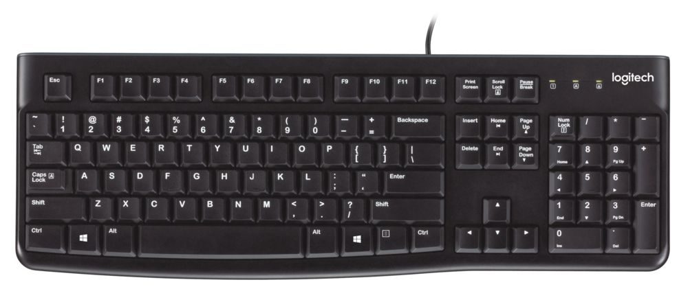 Logitech K120 Wired Keyboard with Quite Typing and Spill Resistant - Black. Full-size keyboard with quiet, low-profile keys. Spill-resistant design and durable construction for long-term use. USB connection supports plug-and-play setup. Adjustable tilt legs for added comfort.