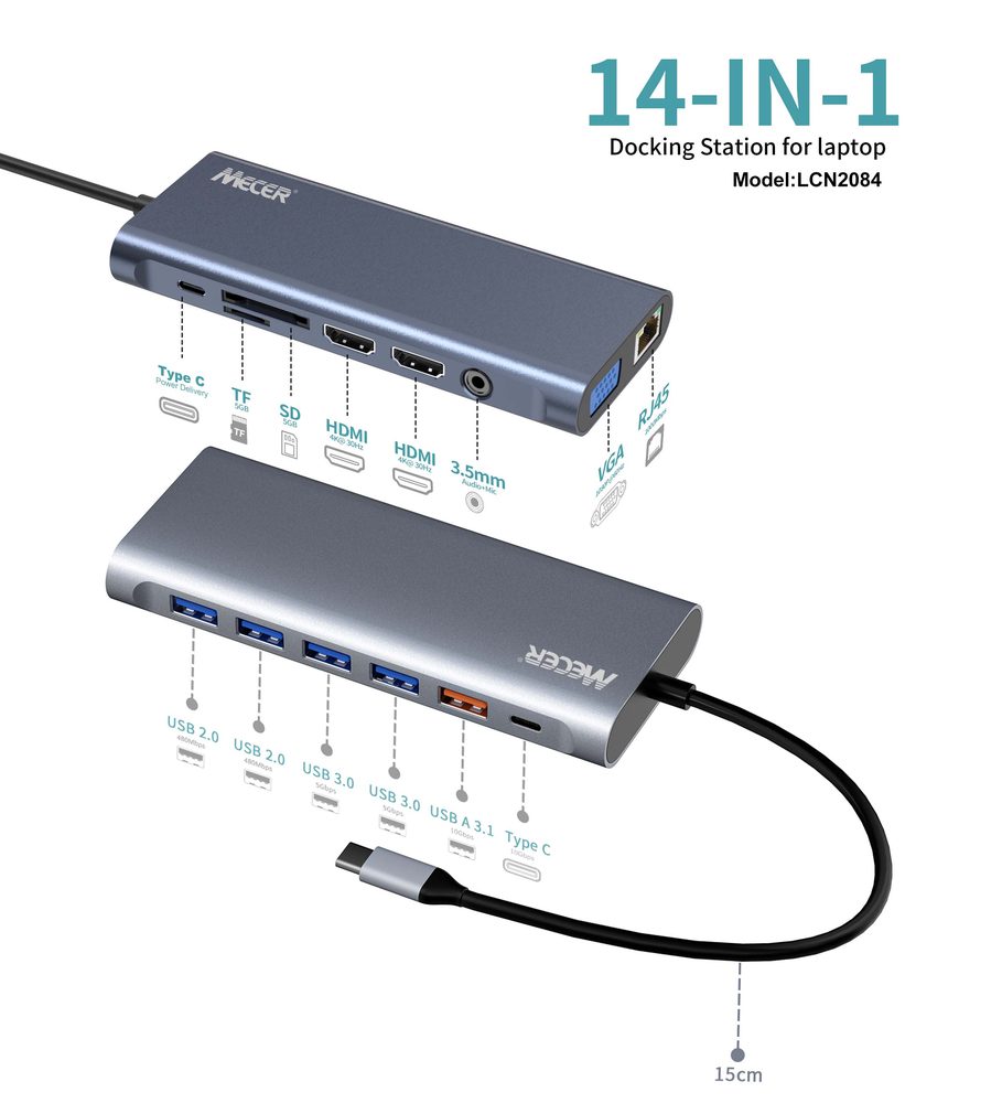 MECER 14 in1 Type C Universal Docking Station W/ VGA x1/ HDMI x2/ USB3.0   x3 USB2.0 x2 TF&SD/ RJ45 x1/ Audio Jack x1/PD Support 100W & data/   Cable Length 15cm.