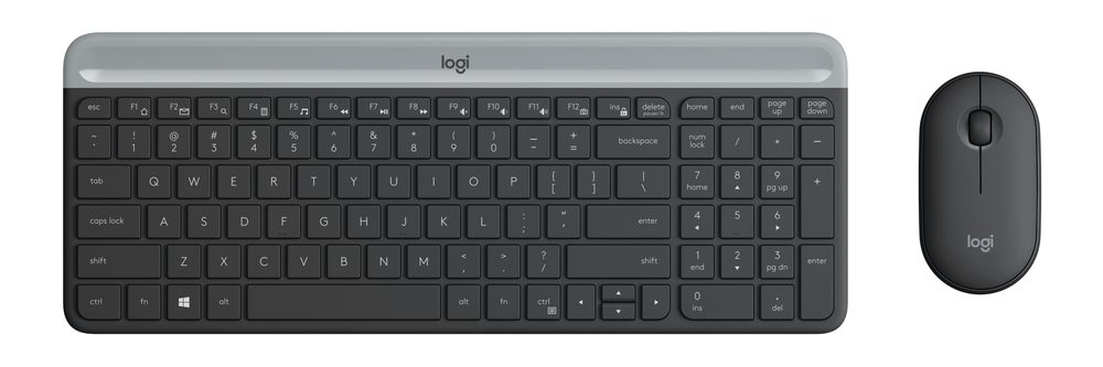 Logitech MK470 Slim Combo - Graphite - US INTL - 2.4GHZ - N/A - INTNL-973. Slim wireless keyboard and mouse with modern minimalist design. Quiet scissor keys and low-noise mouse ideal for shared spaces. USB nano receiver and long battery life up to 36 months.