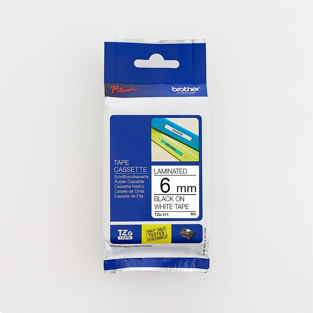 Brother 6MM Black on White Laminated tape