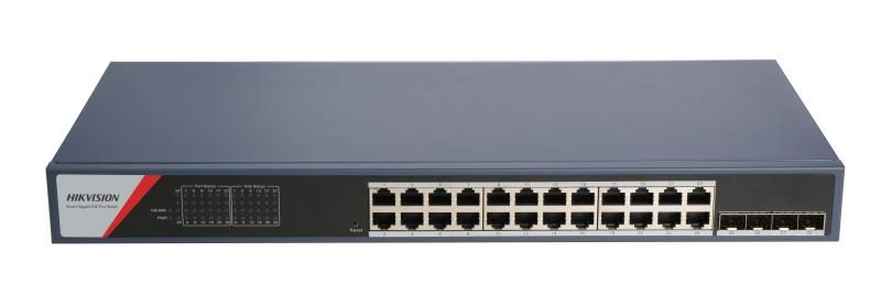 Hikvision Security Hikvision L2  Smart Managed  24 Gigabit PoE ports  4 Gigabit SFP ports  802.3af/at    PoE power budget 370W  HPP Cloud   managed  VLAN  STP/RSTP loop prefention  DHCP Snooping  ACL    IP&MAC filter based on port    SNMP V1/V2C  Max. 300 meter PoE   transmission  Rack mount