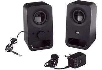 Logitech Compact stereo speakers with 6W peak power. Dual input (3.5 mm + aux) for connecting two devices. Front-facing volume and headphone jack.