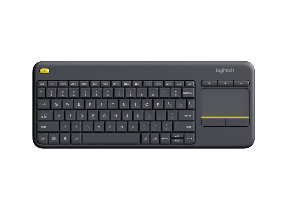 Logitech K400 Plus Wireless Touch Keyboard Dark. Wireless keyboard with built-in 3.5 touchpad for all-in-one control. Quiet keys and media hotkeys ideal for home media setups. 10m wireless range with Unifying Receiver. Up to 18-month battery life.