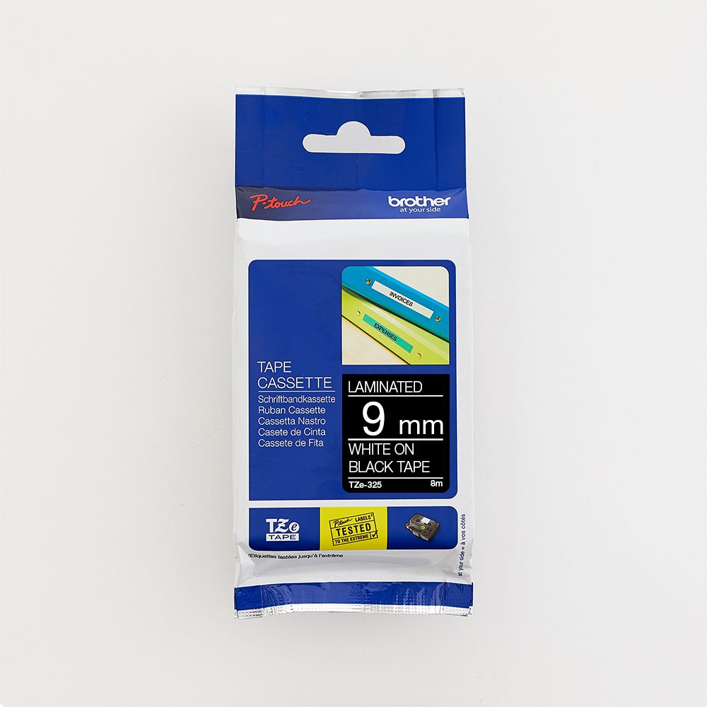 Brother 9MM White on Black Laminated tape