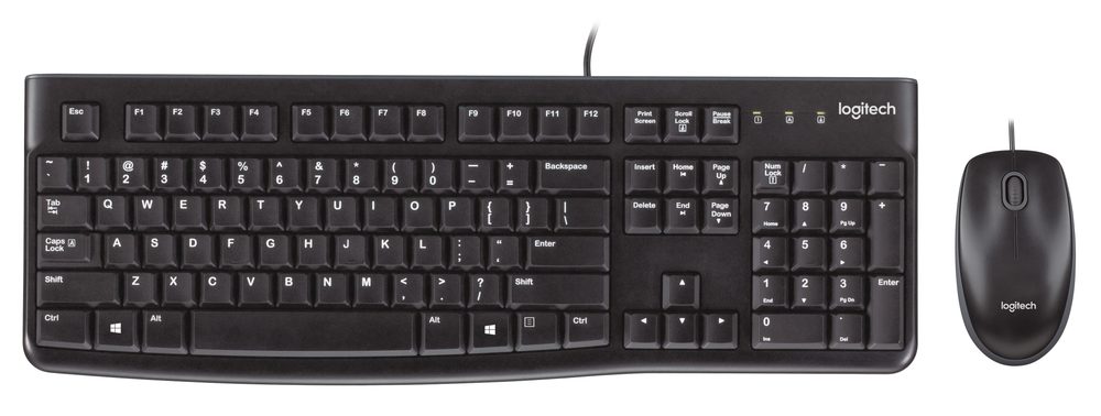 Logitech MK120 Wired Desktop Combo - Black. Keyboard and mouse combo with USB plug-and-play. Spill-resistant keyboard with quiet typing and full numeric keypad. Durable build rated for 10M keystrokes. Bold white characters for easy visibility.