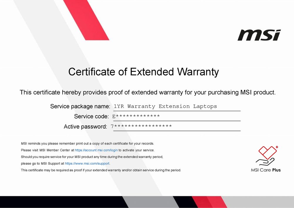Msi LAPTOP1 Year Extension Warranty-Sa Only.Activate On Msi Portal To Claim Extension.Must Be On The Same Invoice As The Laptop.