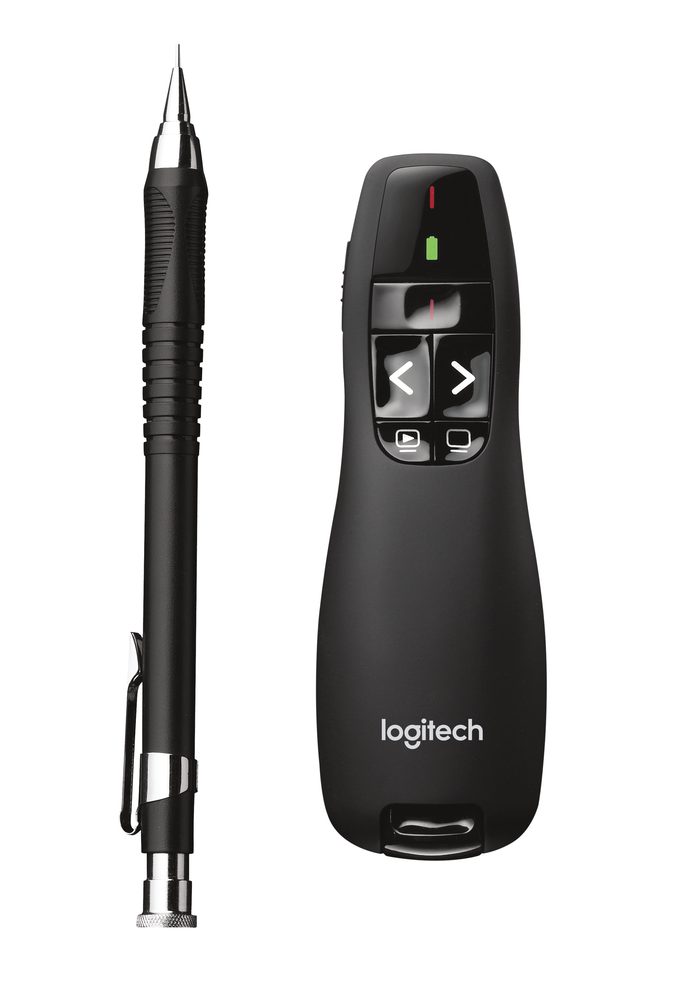 Logitech R400 Red Laser Presentation Remote with Wireless Mini Receiver. Red laser pointer and intuitive slide navigation. 15m wireless range with USB receiver. No software installation required.