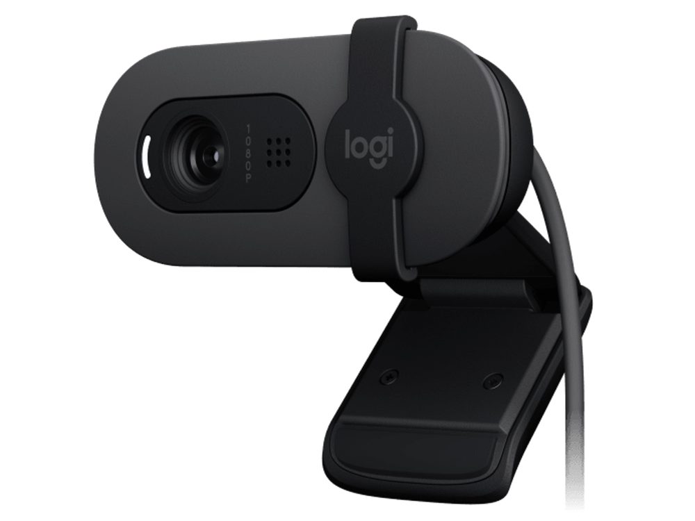 Logitech Brio 100 Full HD Webcam - Graphite Auto-light Balance Integrated Privacy Shutter and Built-in Mic, 1080p at 30fps, auto light balance, built-in mic, USB-A, privacy shutter.