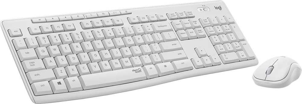 Logitech full-size KBM combo. SilentTouch technology. 90% less typing noise. 2.4GHz connection. Long battery life. 10-meter range, spill-resistant keyboard, compact ambidextrous mouse.