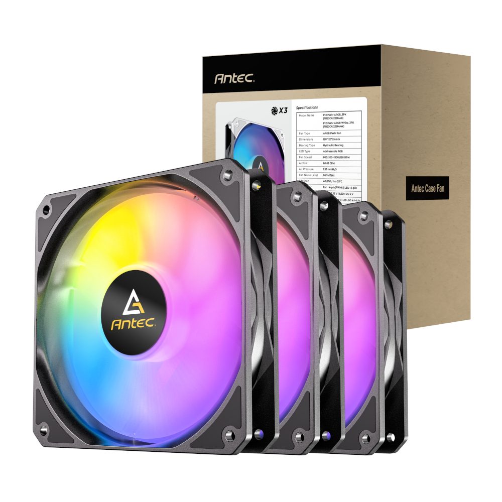 Antec P12 PWM 120mm ARGB Case Fan 3 Pack Black - includes splitter cable