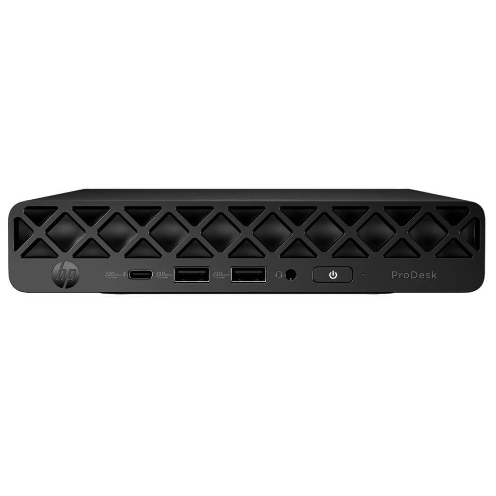 HP ProDesk 4 Mini G1i , Intel® Core™ Ultra 5 225T Processor (20M Cache, up to 4.9GHz) , 16GB DDR5-5600 (1x16GB) - 2 SLOTS / MAX 64 GB , 512GB M.2 2280 PCIe NVMe Value SSD , No Optical Drive , Intel® Graphics , Windows® 11 Pro x64 , Intel® I219-LM Gigabit Network Connection + Intel AX211 Wi-Fi 6E +Bluetooth 5.3 , Front: (1) USB Type-C (20Gbps), (2) USB Type-A (10Gbps), (1) headphone/microphone combo ; Rear: (3) USB Type-A (5Gbps), (1) HDMI 2.1, (1) RJ-45, (2) DisplayPort 2.1 , (1) M.2 PCIe 2230 (For WLAN), (2) M.2 PCIe 2280 (For storage) , HP USB 125 v2 Keyboard + HP 125 Wired Mouse , 3Yr Onsite