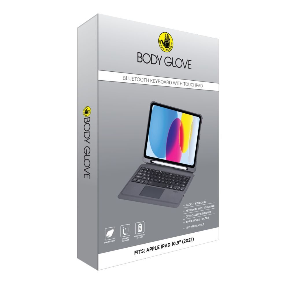 Body Glove Bluetooth Keyboard With Touch Pad  - Apple iPad (2022) Bluetooth Keyboard with Touchpad for Apple iPad (2022) provides full protection to your tablet. It features a detachable backlit keyboard with touchpad enhanced by touchpad shortcuts. Features: Keyboard with tochpad. Detachable keyboard. Backlit keys. Apple pencil holder. Magnetic closure. Re-chargeable battery. Warranty: 1 Year