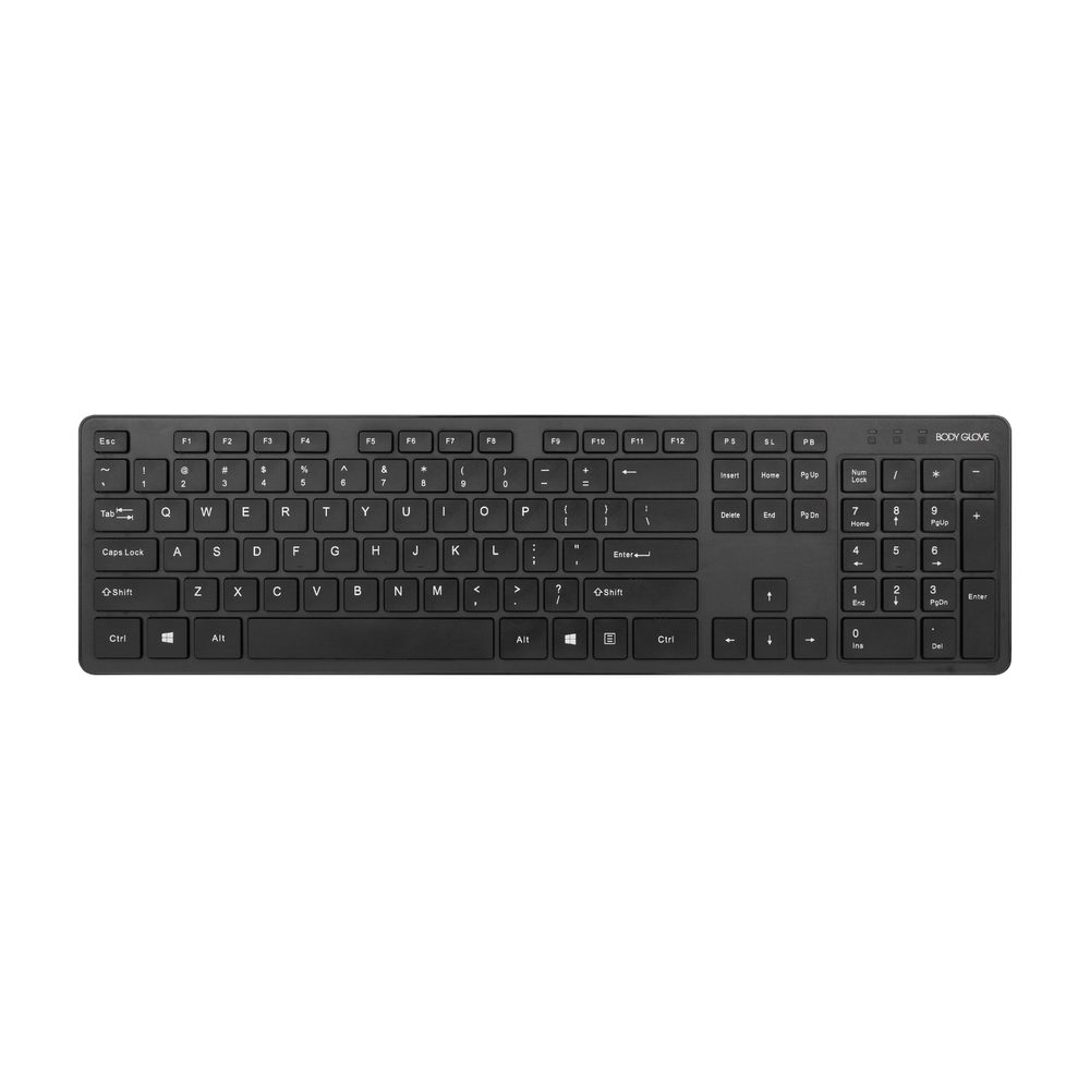 Body Glove Wireless Keyboard with a USB receiver which enables keyboard to be ready for use instantly. slim and ergonomic design ensures a comfortable typing experience. Features: Lightweight keyboard. Plug & play. Slim profile design. Battery type: 1xAAA (not included). Adjustable tilt. Number of keys: 104. Warranty: 1 Year