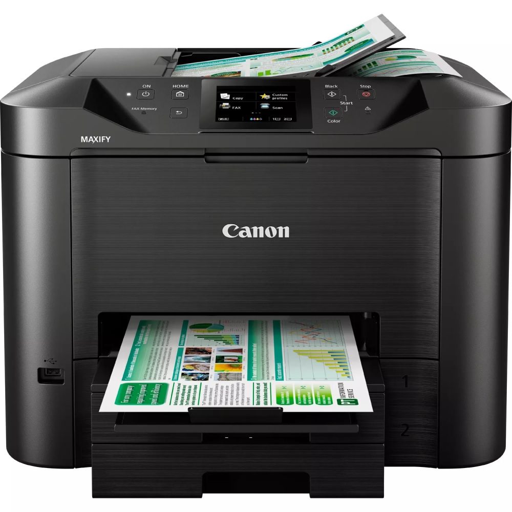 Canon MB5440 InkJet Maxify business range A4,  A4 MFP, Print, Copy, Fax and Scan. 24ipm mono, 15ipm colour, 600 x 1200 print resolution, 1200 x 2400 dpi scan resolution, 500 sheet paper handling, Single pass two sided 50 Sheet DADF, Automatic duplex, touch screen, USB, Wi-Fi, Ethernet. , Smartphone and Tablet print, Scan to cloud, Scan to USB, Quick first print of 6 seconds. - 4 ink system, ,(BK, C, M, Y).   Uses PGI -2400 BK, C, M and Y XL cartrdiges SNMP AND SMTP SUPPORT