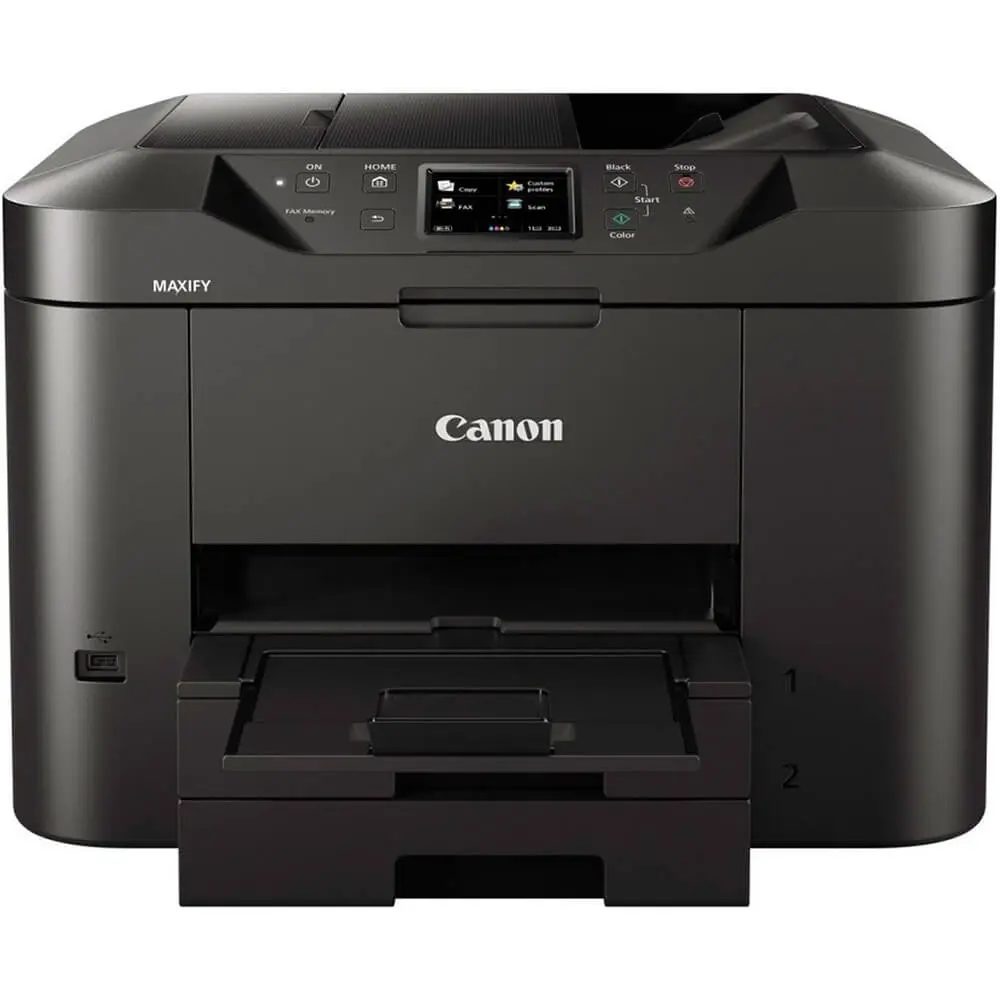 Canon MB2740 InkJet Maxify business range A4, A4 MFP, Print, Copy, Fax and Scan. 24 ipm mono, 15.5 ipm colour, 600 x 1200 print resolution, 1200 x 2400 dpi scan resolution, 500 sheet paper handling, 50 Sheet ADF, Automatic duplex, touch screen, USB, Wi-Fi, Ethernet, Smartphone and Tablet print, Scan to cloud, Scan to USB, Quick first print of 6 seconds. - 4 ink system, ,(BK, C, M, Y). Uses PGI -1400 BK, C, M and Y XL cartrdiges SNMP AND SMTP SUPPORT