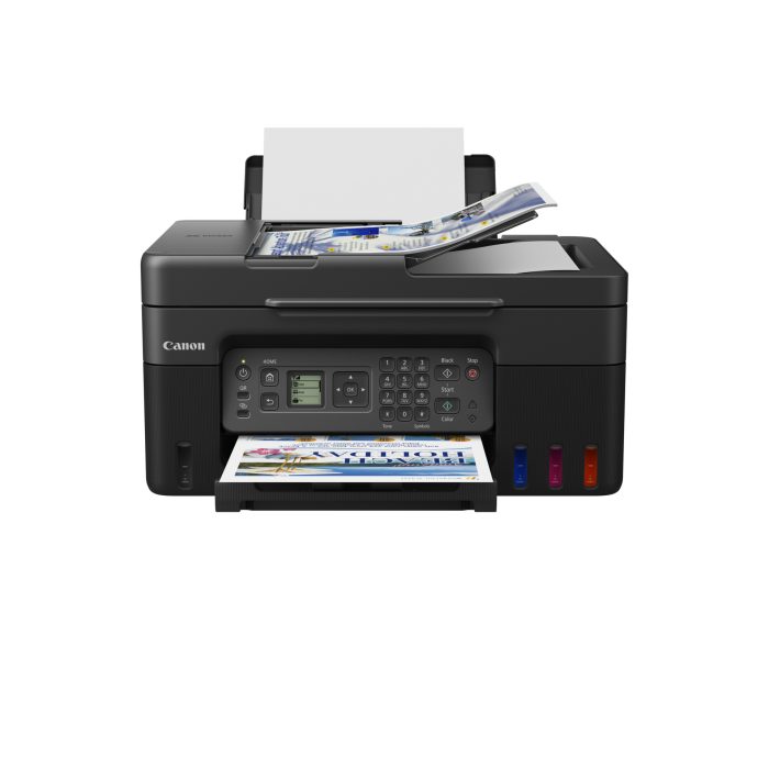 Canon G4470 4 in 1 (print, copy, scan, fax) Megatank A4,  4 in 1 - Print, Scan, Copy and Fax with 35 sheet ADF, 4800 x 1200 dpi; WiFi , 11,0 ipm / 6,0 ipm, 1,35" LCD, 100 sheet rear capaciy, Mac, Windows and Chrome compatible, 4800 x 1200 dpi, Borderless Printing, Uses GI-41 PGBK, GI-41 C/M/Y. User replaceable maintenance cartridge MC-G04. Comes with GI-41 PGBK yield 6000, 1 x each C/M/Y Yield 7700
