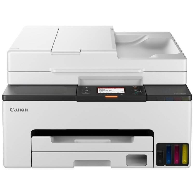 Canon GX2040 Megatank maxify business range, 4 in 1, A4 MFP, Print , Scan, Copy and Fax with 35 sheet ADF.  2,7" Touch Screen,15ipm mono, 10ipm colour, 600 x 1200 print resolution, 1200 x 2400 dpi scan resolution,  250 sheet paper handling front cassette, Mac, Windows and Chrome; Automatic duplex, USB, Wi-Fi . Uses GI-45 BK/C/M/Y, MC-G05 Maintenance cartridge. Comes with 1 x GI-45 PGBK/C/M/Y yield 3000