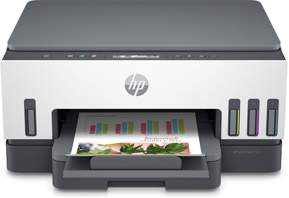 HP Smart Tank 720 All-in-One Printer. Print, scan, copy, wireless. Print technology: HP Thermal Inkjet. Print speed Black (A4, ISO): Up to 15 ppm; Colour (A4, ISO): Up to 9 ppm. Monthly duty cycle: Up to 5,000 pages A4. Recommended monthly page volume: 400 to 800. Duplex printing: Automatic. Scan file format: BMP, JPEG, TIFF, PDF, PNG. Scanner Specs: Scanner type: Flatbed only; Scan input modes: Mopria Scan; Front Panel Copy;