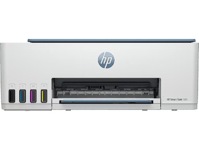 HP Smart Tank 585 All-in-One Printer. Print, copy, scan. Print technology: HP Thermal Inkjet. Print speed: Black (A4, ISO): Up to 12 ppm; Colour (A4, ISO): Up to 5 ppm; Draft black (A4): Up to 22ppm; Draft colour (A4): Up to 16 ppm. Monthly duty cycle: Up to 3,000 pages A4; Recommended monthly page volume: 400 to 800. Duplex printing: Manual (driver support provided).Scan file format: JPEG; PDF. Scanner Specs: Scanner type: Flatbed only; Scan input modes:copy