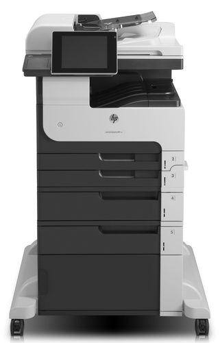 HP LaserJet Enterprise 700 MFP M725f 4in1, Print, Copy, Scan, Fax,10-30 Users, A4/A3, Prints up to 41ppm A4 mono, 100 sheet ADF, 2 x 250 input trays,1 x 500 sheet input tray, 250-sheet output bin, 1 x 500 sheet feeder cabinet and stand integrated NIC, Copy Up to 40 cpm,  Scan Up to 600 dpi, Fax memory up to 100 pages walk up USB input to print or save from drive, 8.0-in (20.3 cm) touchscreen; LCD (color graphics), Supplies: HP 14A Black Toner - CF214A