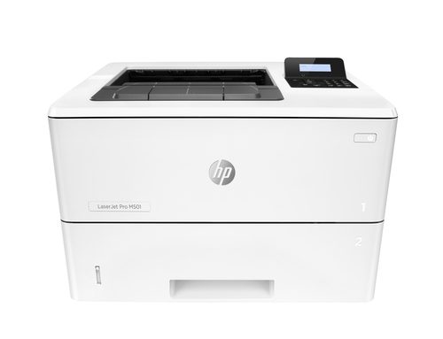 HP LaserJet Pro M501dn -  5-15 Users, Print up to 43ppm, 2-line, Backlit text display, 6 buttons, Auto Duplex, 256 MB standard memory and 1.5 GHz processor, Network ready standard (built-in Gigabit Ethernet), Paper weight: Tray 1: 60 to 220 g/m, Tray 2, Tray 3: 60 to 220 g/m, Supplies: Black Toner - CF287A