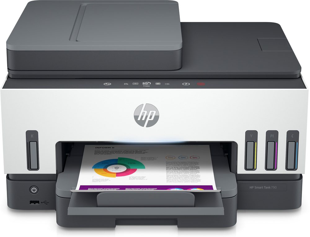 HP Smart Tank 790-Print, Scan, Copy and fax-up to:15/9 ppm; Automatic duple; Automatic Document Feeder (ADF); 250-Sheets Close Tray; 100-Sheet Output Tray; Dual-band Wi-Fi with Self-heal; Ethernet; 2 Contextual Display with ID Copy; Low-on-ink Sensor; 30,000 Warranty Pages; 25% RCP; EPEAT; Blue Angel; Energy Star
