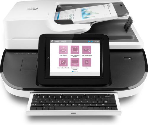 HP Digital Sender Flow 8500 fn2 Flatbed Scanner 100ppm/200ipm, e-duplex/one pass duplex, Fast digital sender and OCR speed, 8 inches touch control panel with pull-out keyboard, HP EveryPage with ultrasonic multi-feed sensor, 10000 pages daily duty cycle,150 pages large capacity ADF, Network TWAIN and USB TWAIN, FutureSmart and OXPd