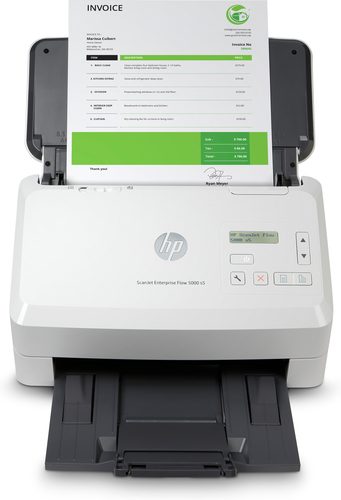 HP ScanJet Enterprise Flow 5000 s5, - Scan Up to 65 ppm/130 ipm (black & white, 300ppi), Colour Scanning, Scan Res - Up to 600 dpi (colour and monochrome, sheet-feed), 1 x USB 3.0 and 1 x USB 2.0 port, Standard Memory 512 MB, Recommended for 7500 pages per day, USB 2.0 port for Wi-Fi accessory.