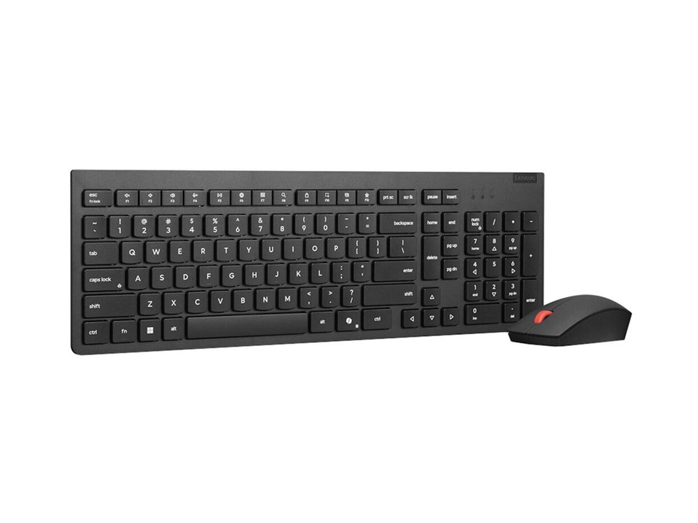 Lenovo Essential Wireless Combo Keyboard & Mouse Gen2 Black Reliable 2.4GHz wireless connection with Multiple Pairing Protocol be Eco-Friendly with 65% Post-Consumer recycled plastic for both Keyboard and Mouse Low-profile 2.5-zone keyboard layout LED Indicator for Keyboard: Low-Battery, FnLock, NumLock Adjustable tilt leg and spill-resistant keyboard design One-touch dedicated Media Controls AES-128 encryption for the Keyboard Full-size ambidextrous Mouse for Left or Right-Hand