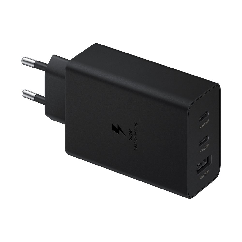 Samsung 3 Port Travel Adapter Trio 65W Get 3 devices charging at same time. Fast charge, stability,  versatility and power. Features: 1 x Type-C (65W), 1 x Type-C (25W), 1 x USB (15W). Get 3 devices chargingall at the same time. Go for the fast chargewith speed, stability, and power. Universal Compatibility. Warranty: 6 Months