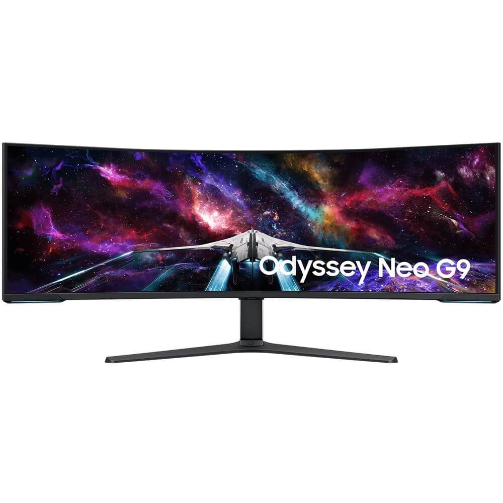 Samsung Odyssey G95NC Gaming Curved 1000R Borderless Matte 57" Display VA Mini LED Response: 1ms GtG AR: 32:9 Resolution: 7680x2160 (DUHD)  RR: 240Hz HDMI (x2), USB 3.0 (x2) Speaker: No Power supply: Built-in Tilt:  Swivel: Yes Pivot: No Height adjust: Yes VESA: Yes Accessories: HDM, DP, USB 3.0 & Power supply cable  Warranty: 3 Year On-site 57" Odyssey Neo G9 G95NC, 1ms GTG, 240Hz, Dual-UHD Gaming Monitor Dual UHD resolution for a groundbreaking new visual experience Spellbinding visual quality