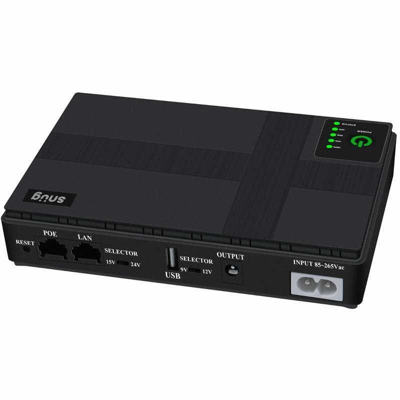 Snug Mini DC UPS Stay connected during those blackouts. Mini 8800mAh lithium battery to keep your router/modem, Smartphones, CCTV or LED lights working for a period of time. Features: Overload & short circuit protection. Built-in lithium battery. LED status indicators. Voltage selector. Lithium Battery 8800mAh. Output: DC 9V/1A, 12V/1A (Selector). POE Output: 15V 0.6A / 24V 0.6A (Selector). Warranty: 2 Year