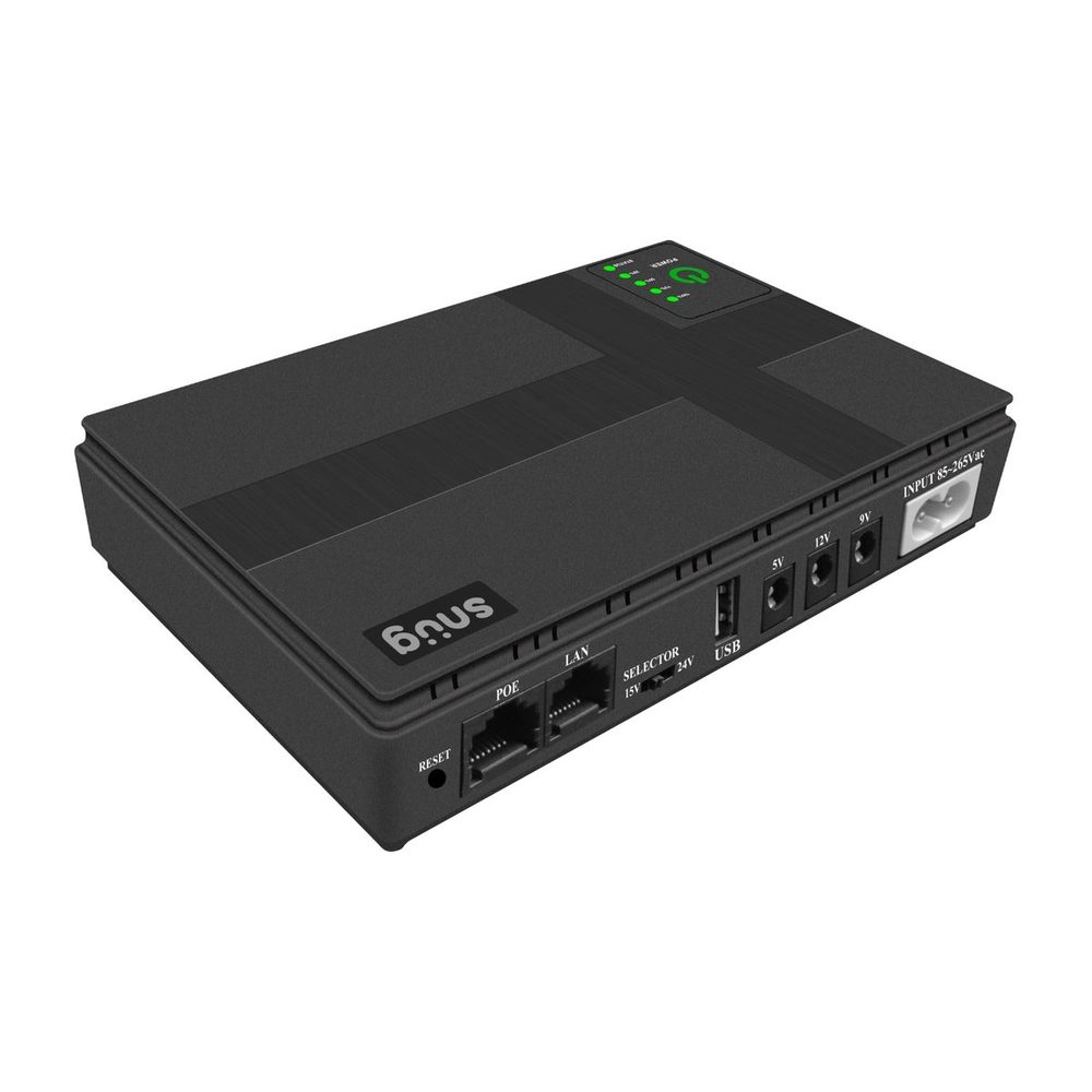 Snug Mini DC UPS - 36W is a compact, portable power backup solution that keeps essential low-power devices running during loadshedding. Use routers, CCTV cameras, LED lights, or charge smartphones with ease, and monitor battery levels with the built-in indicator . Features: Overload & short circuit protection. Built-in lithium battery. LED status indicators. Voltage selector. USB charger. Battery level indicator. Warranty: 2 Year