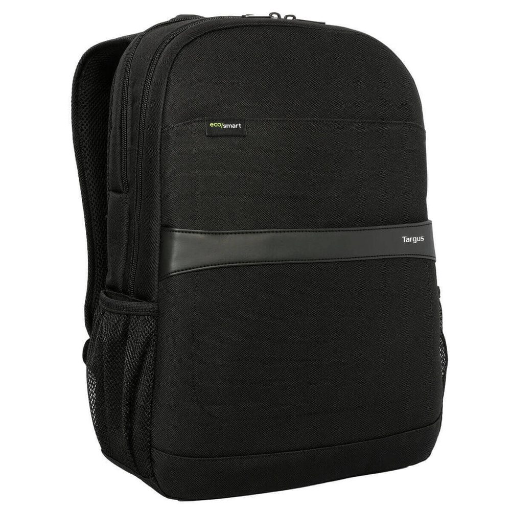 Targus 15.6in GeoLite EcoSmart Advanced Backpack two zippered front quick access pockets plus an internal mesh pocket two water bottle pockets Luggage trolley strap Durable, water-resistant fabric Contoured, adjustable shoulder straps and reinforced top carry handle Padded and ventilated back panel Interior made using recycled materials