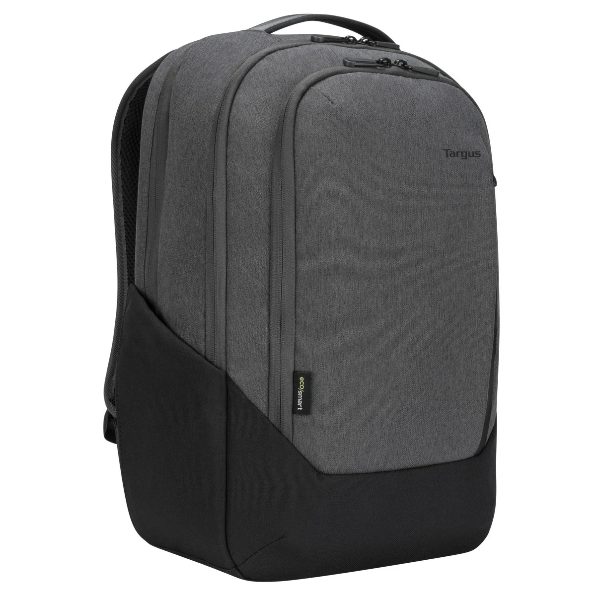Targus - Cypress Eco Backpack 15.6" Grey Made from 26 recycled plastic water bottles Dedicated padded laptop compartment Large main compartment for files and gear. Luggage pass-through trolley strap