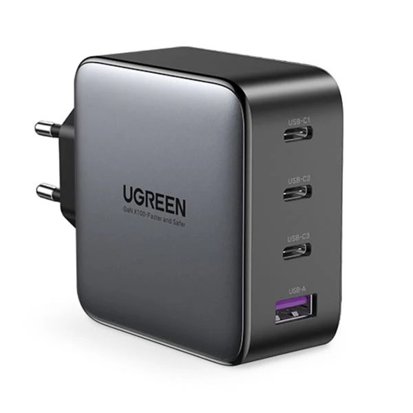 Ugreen 4 Port GaN PD Home Charger - 100W Type-C port with Power Delivery 3.0. fast charge your PD compatible devices. MacBook Pro 14 can be charged from 0% to 55% in just 30 minutes. Features: GaN technology - more efficient, less heat, smaller. Fast charging. Charge four devices at the same time. USB C1/C2 Output - 100W. USB C3/USB A Output - 22.5W. USB C1 + C2 + C3 Output / USB C1 + C2 + USB A Output - 45W + 30W + 22.5W. USB C2 + C3 + USB A / USB C1 + C3 + USB A Output - 65W + 10.5W + 10.5W.
