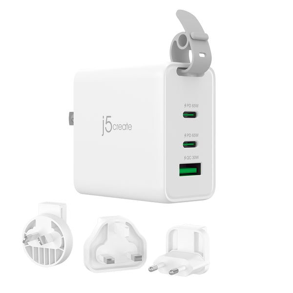 J5 create JUP3565V 3-Port traveler charger - support PD3.0 + QC3.0 , 3x DCP ( Dedicated Charger Port ) - 2x type-C upto 65W + 1x type-A ( upto 30W ) , 60x57x31mm , foldable travel plugs with changeable AC plugs ( EU+UK+AU+US )