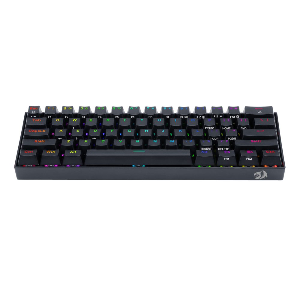 Redragon K530 Pro draconic RGB mechanical wireless + bluetooth gaming keyboard Black - with linear outemu red mechanical switches , full RGB backlight with 13 modes , compact 60% keyboard with 61 keys (no numpad) , 3x connection modes (wired / wireless / bluetooth) , 100% Anti-Ghosting with N-Key Rollover , built-in rechargeable 2400mAh battery with USB-C charging , bundled keycap / switch puller , hot-swappable switches with 8x spare switches - usb nano receiver