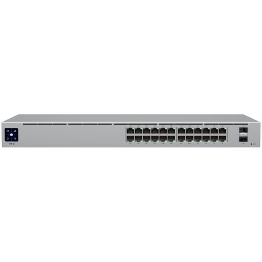 Ubiquiti USW-24-POE Gigabit Layer 2 switch with twenty-four Gigabit Ethernet ports including sixteen auto-sensing 802.3at PoE+ ports, and two SFP ports