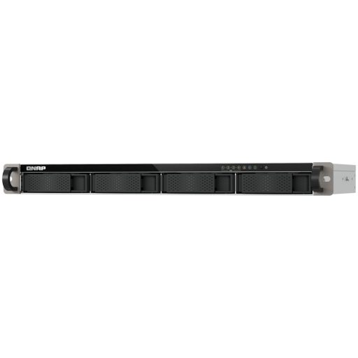 QNAP 4-Bay quad-core 2.0 GHz short-depth 1U rackmount NAS with 100W power supply, 4GB RAM (not expandable), SATA 6Gb/s, 2 x 2.5 GbE LAN, Container Station