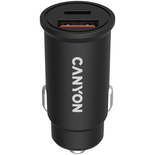 CANYON C-20B03, PD 30W/QC3.0 18W Pocket size car charger with 1-USB A+ 1-USB-C Input: DC12V-24V, Output: USBC: PD30W( 5V3A/9V3A/12V2.5A/15V2A/20V1.5A),USB-A:QC3.0 18W (5V3A