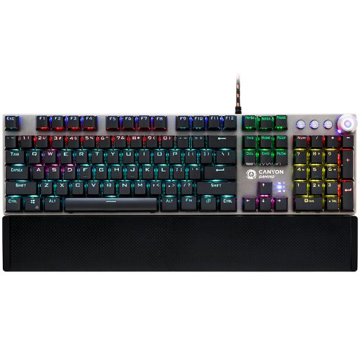 CANYON Nightfall GK-7, Wired Gaming Keyboard,Black 104 mechanical switches,60 million times key life, 22 types of lights,Removable magnetic wrist rest,4 Multifunctional control knob,Trigger actuation 1.5mm,1.6m Braided cable,US layout,dark grey, size:435*125*37.47mm