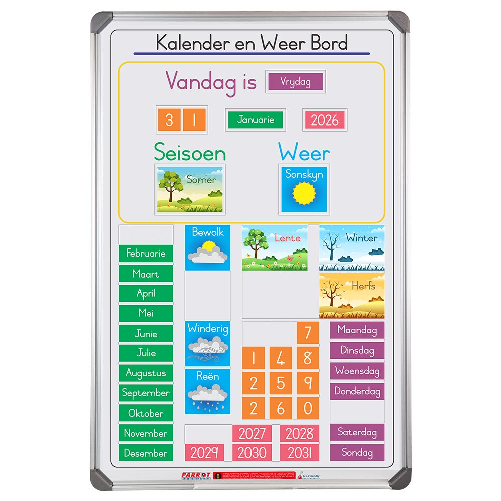 Parrot Products Slimline Magnetic Calendar and Weather Board 900 600mm Afrikaans
