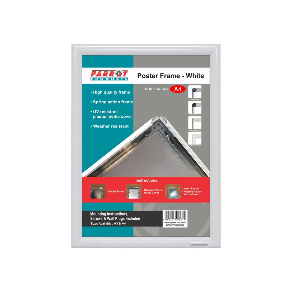 Parrot Products Poster Frame A4 330*240mm Single Mitred Econo White