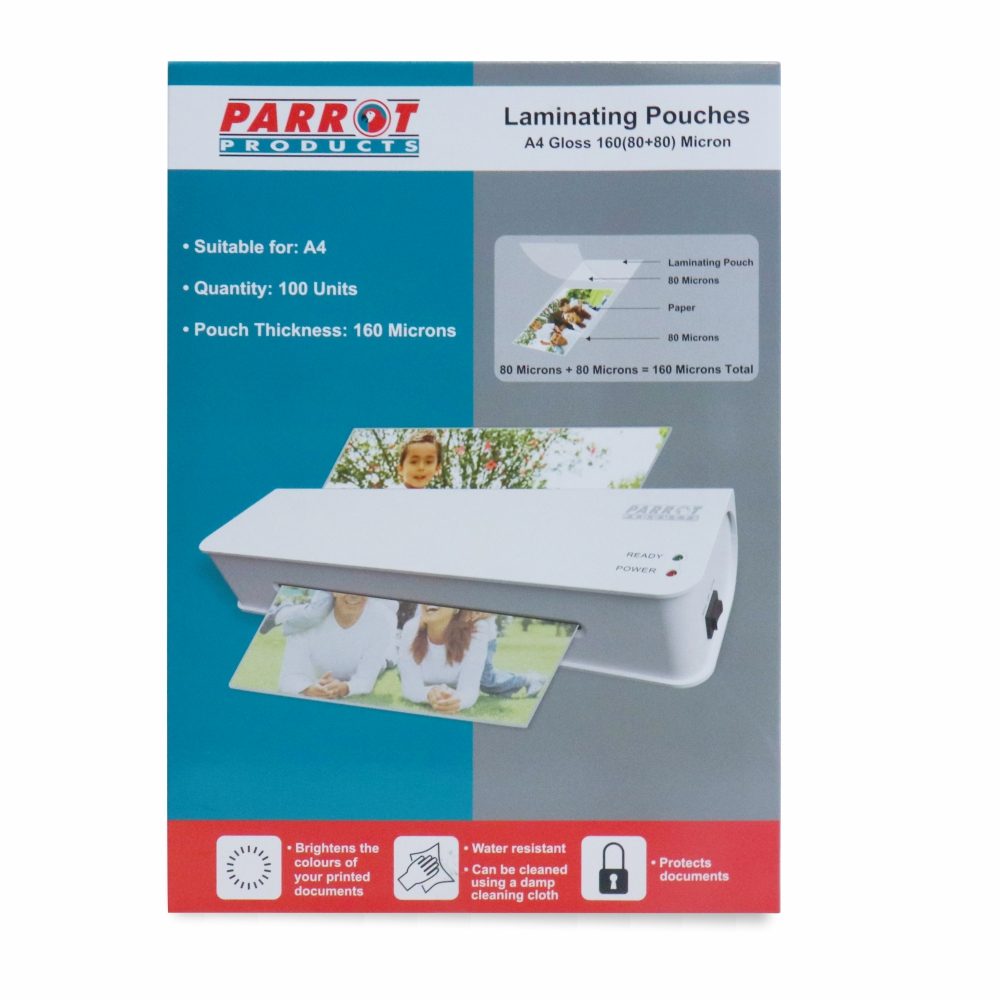 Parrot Products Laminating Pouches (A4 - Gloss - 220x310mm - 160 (80+80) Microns - Box 100)