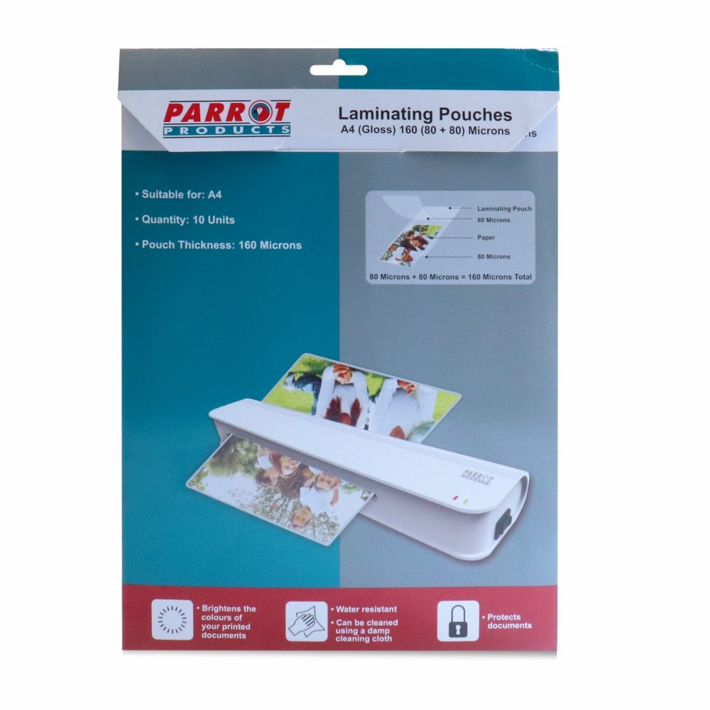 Parrot Products Laminating Pouches (A4 - Gloss - 220x310mm - 160 (80+80) Microns - Pack 10)