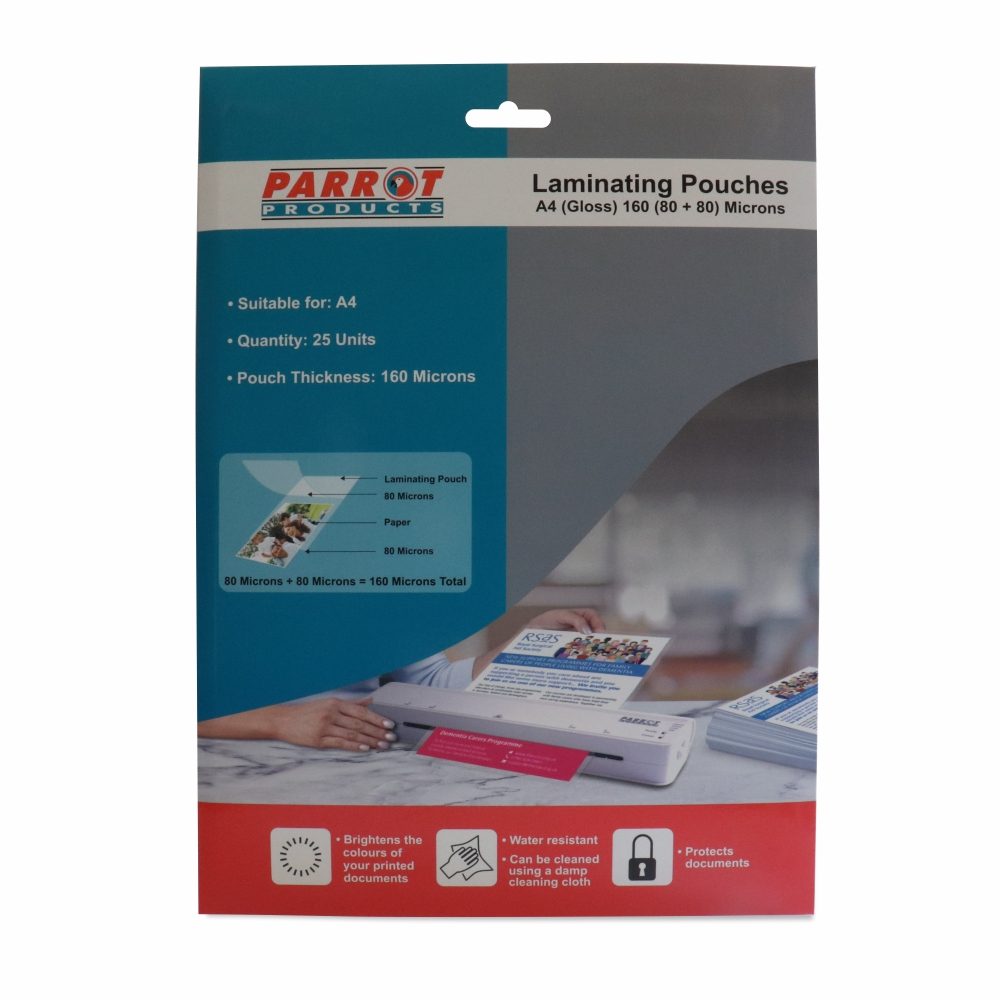 Parrot Products Laminating Pouches (A4 - Gloss - 220x310mm - 160 (80+80) Microns - Pack 25)