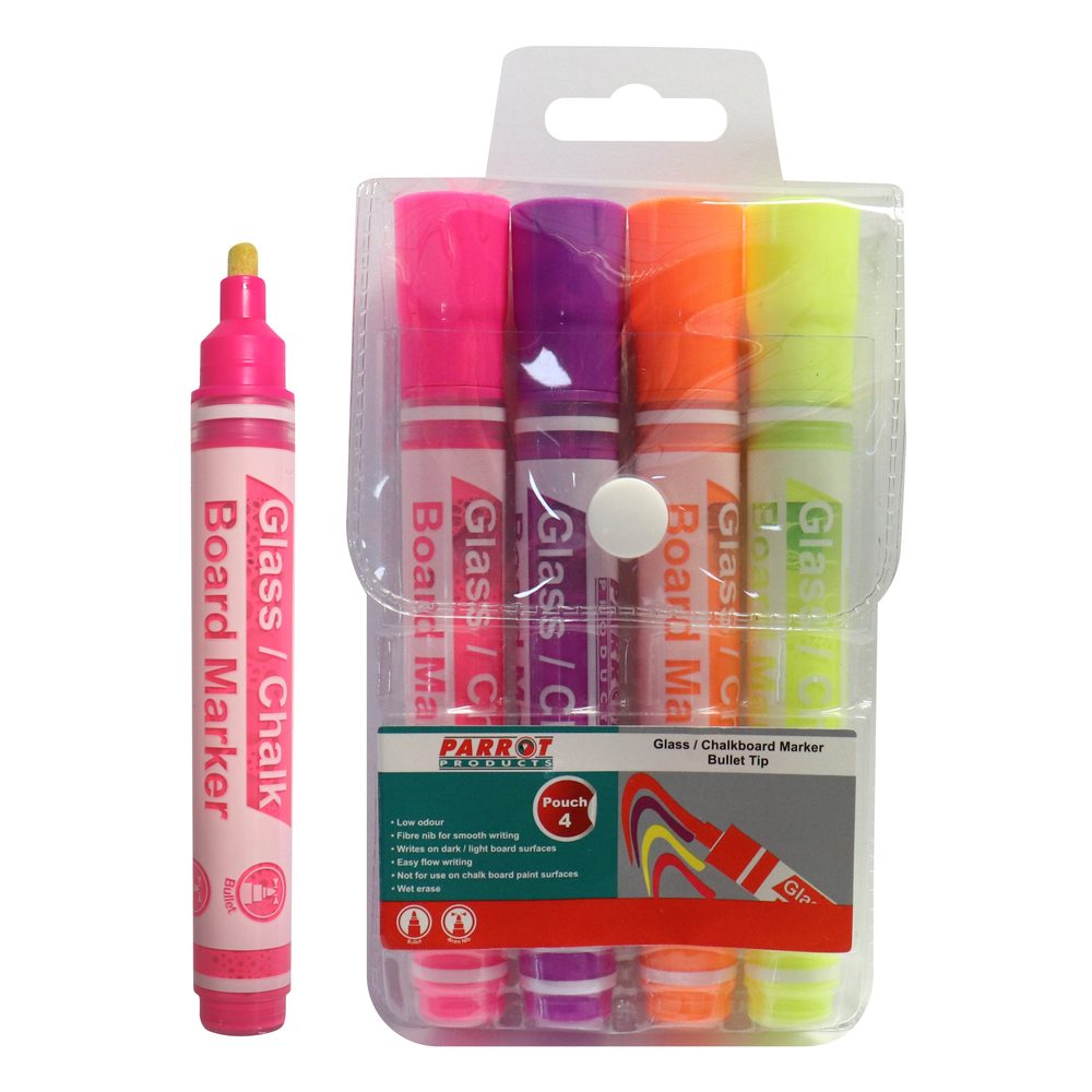 Parrot Products Glass/Chalkboard Markers Pouch 4 (Pink, Purple, Orange, Yellow)