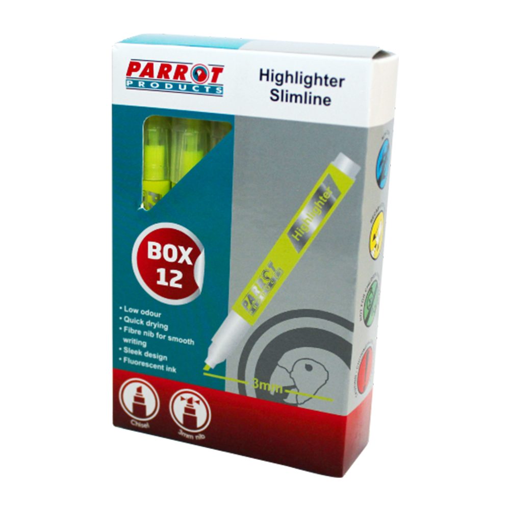 Parrot Products Highlighter Marker Slimline (Box of 12 - Yellow)