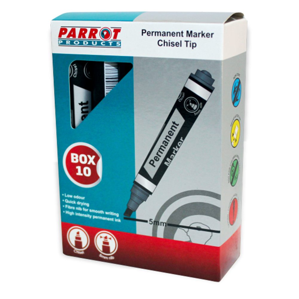 Parrot Products Permanent Markers Chisel Tip (Box of 10 - Black)
